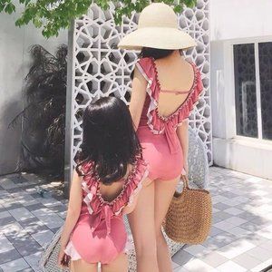 Mommy and Me Pink Ribbed Ruffled Backless One Piece Swimsuit